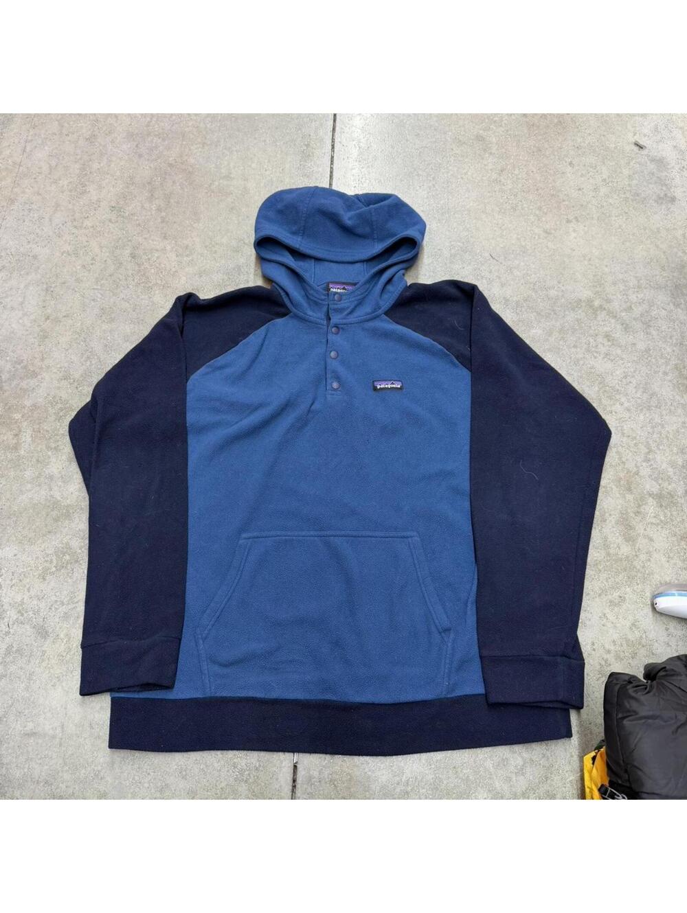vintage patagonia navy blue synchilla hooded fleece hoodie size xl HAS HOLE